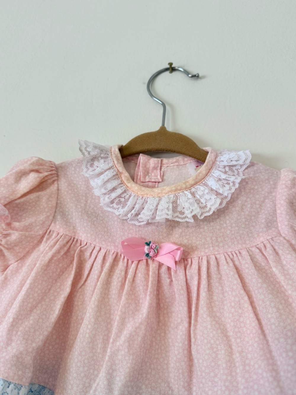 Vintage Baby Girl 6-9m Dress &Bloomer Set Roanna Pink Blue Ditzy Floral Lace 80s - Picture 9 of 14